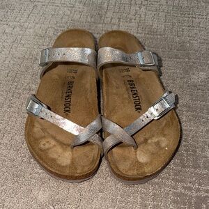 Birkenstock Metallic Silver Two-Strap Crisscross Sandals